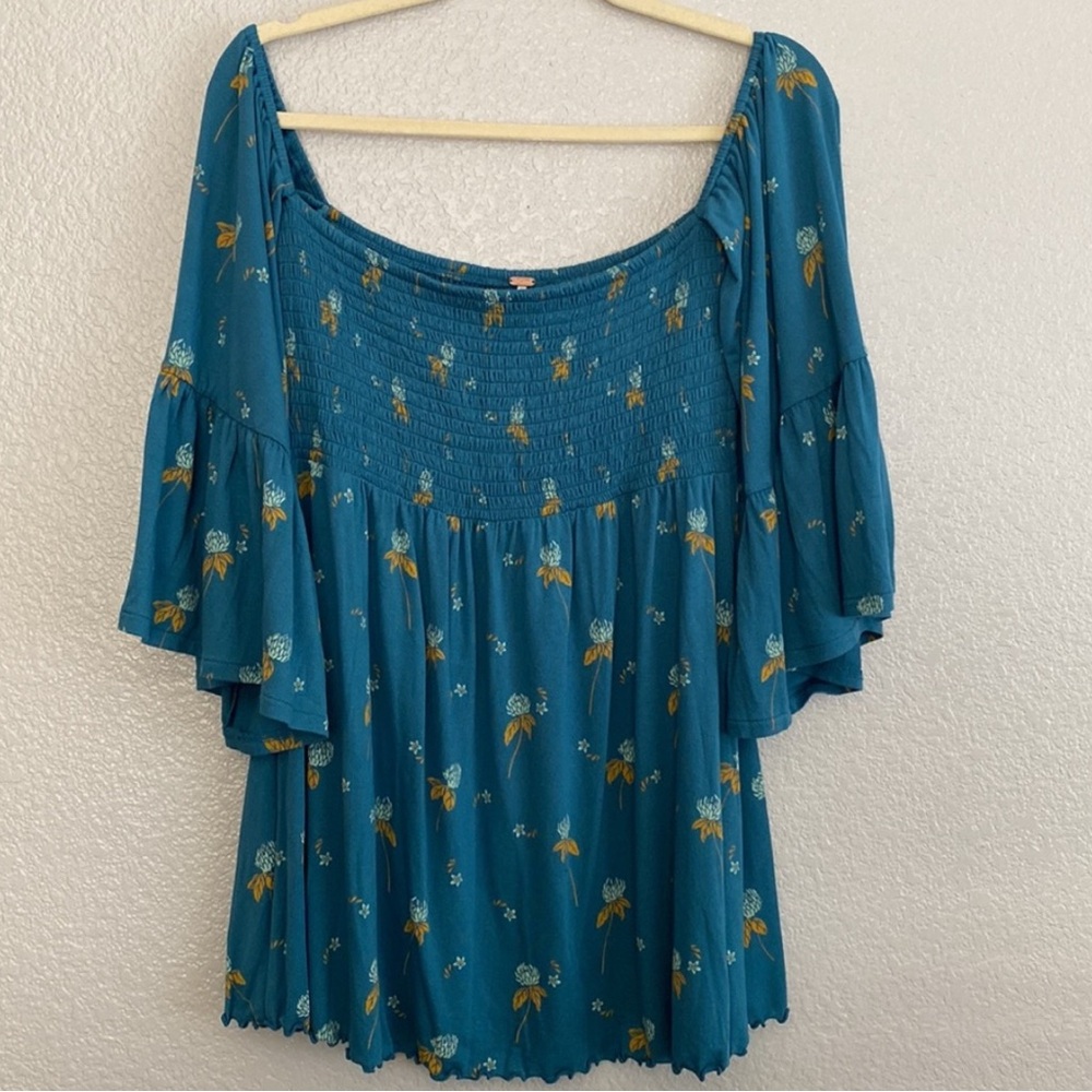 Free People Lana Floral Off-Shoulder Blue Tunic Top - Picture 4 of 9